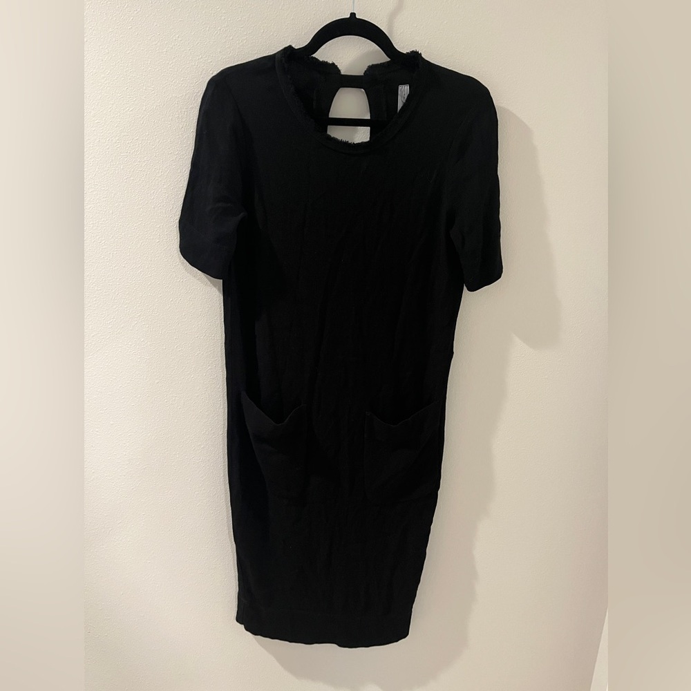 Raquel Allegra Womens Small Black Midi T Shirt Dress V-Neck Pocket Open Back 0 - Picture 2 of 5